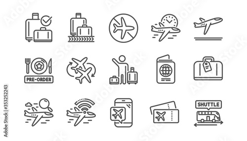 Airport line icons set. Boarding pass, Baggage claim, Departure. Connecting flight, tickets, pre-order food icons. Passport control, airport baggage carousel, inflight wifi. Linear set. Vector