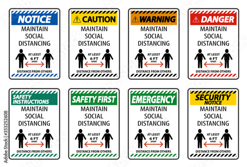 Maintain Social Distancing At Least 6 Ft Sign On White Background,Vector Illustration EPS.10