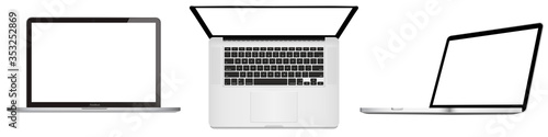 Realistic set Space Gray Laptop Computer, Top down view,side view end Mock up, Keyboard, with an empty screen. Set Laptop isolated on white background. Vector Illustration EPS 10