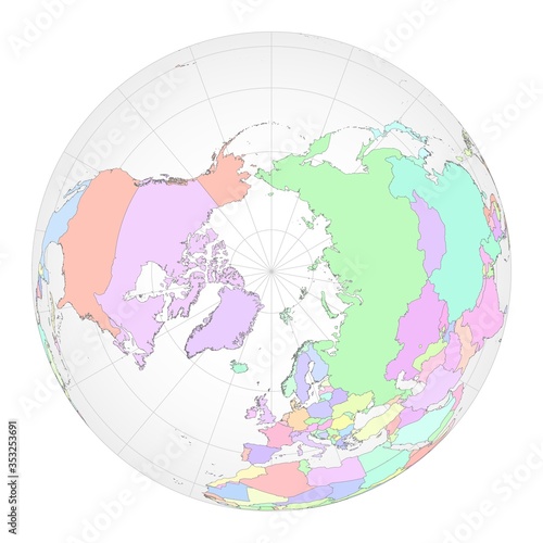 North Pole centered globe with separate countries