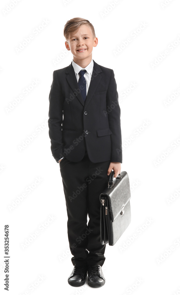 Portrait of little secretary on white background