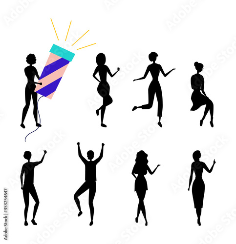 Dancing People Silhouettes Having Fun Together. Female Characters Collection in Colorful Clothing Enjoying Dance Party. Set Of Girls In Different Dance Poses. Cartoon Flat Style. Vector Illustration