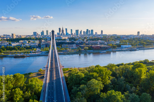 Warsaw city center and Świętokrzyski bridge aerial view