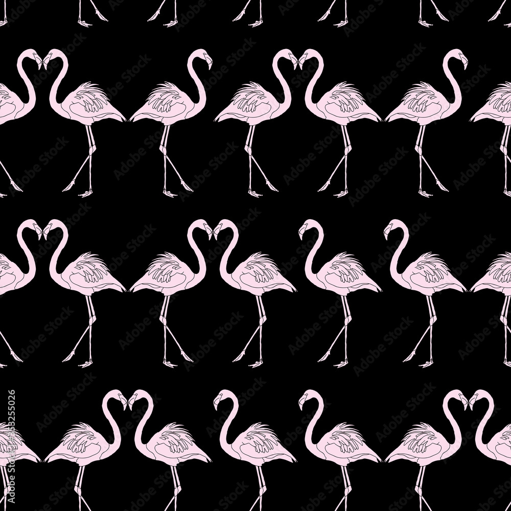 Naklejka premium Pink Flamingo Black Pattern