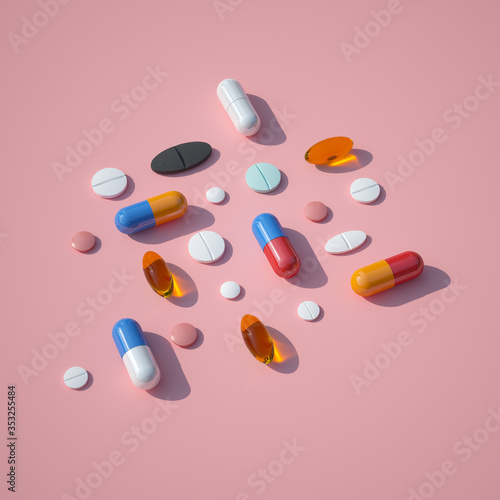 Leinwand Poster Creative layout of pills and capsules on pink background with summer sun and sharp shadow