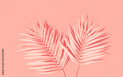Exotic plants with backdrop. Tropical layout mockup. Background with painted palm leaves. Pink minimal concept art. 3D Render.