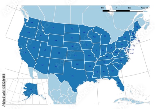 United States vector map with postal abbreviations