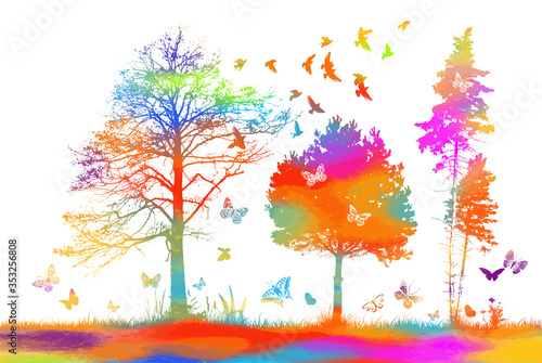 Fototapeta Naklejka Na Ścianę i Meble -  A rainbow landscape with trees, butterflies and birds. Mixed media. Vector illustration