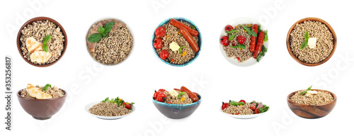 Set of tasty buckwheat porridge with different ingredients on white background. Banner design
