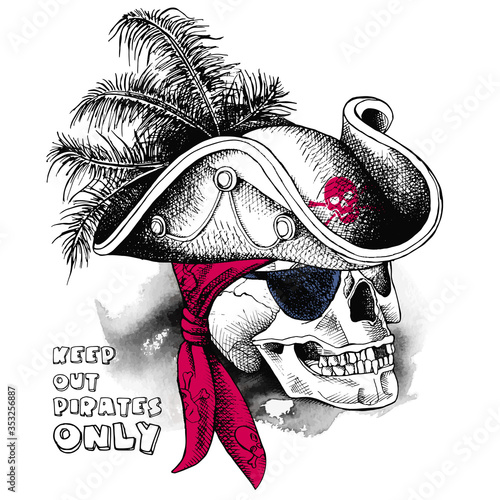 Skull in pirate hat with feathers and in red bandana on the gray background. Vector illustration.