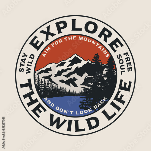 Outdoor Theme Mountain and Lake View Illustration with Wild Life Slogans Vector Artwork For T-shirt Print And Other Uses