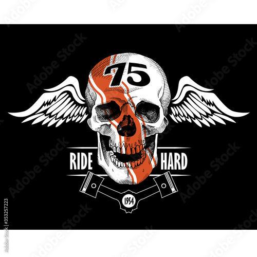 Racer smiling skull with a wings. Emblem. Vector illustration.