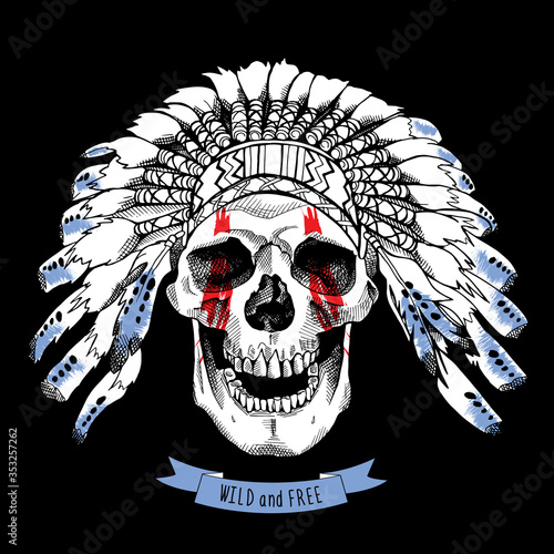 Smiling skull in a Indian Feather Headdress. Vector illustration.