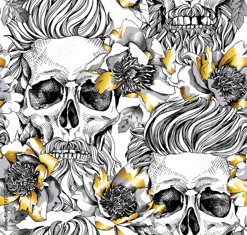 Seamless pattern with image of a gold Peony flowers and skull with a hipster hair and beard. Vector illustration.