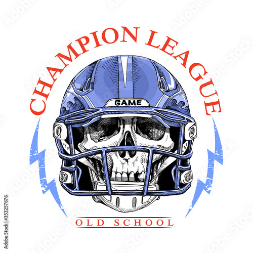 Sport emblem. Skull in the blue American Football Helmet. Vector illustration.