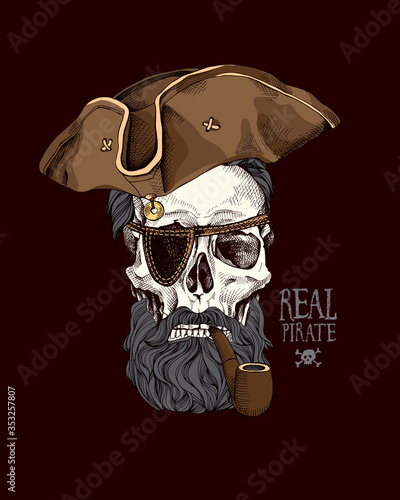 Skull with a hairstyle, beard, mustache in a Pirates hat and a tobacco pipe on a black background. Vector illustration.