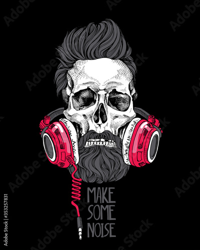 Skull with a hairstyle, beard, mustache in a red Headphones on a black background. Vector illustration.
