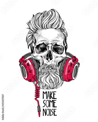 Skull with a hairstyle, beard, mustache in a red Headphones. Vector illustration.