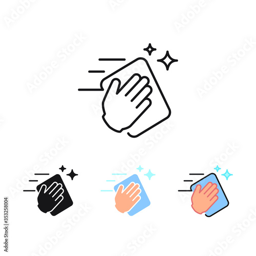 Wipe your hands with a cloth, rag or napkin. Clean hands after washing. Wipe and rag as cleaning or sanitize tool. Hand wiping with cloth icon. Vector illustration. Design on white background. EPS 10