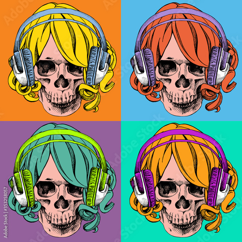 Poster with a portrait of skull wearing wig and headphones in pop art style. Vector illustration.