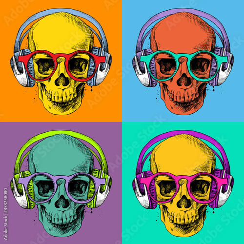 Poster with a portrait of skull wearing headphones and glasses in pop art style. Vector illustration.