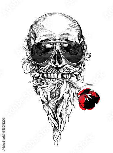 Skull with the beard and mustache in a sunglasses. Tulip flower in the teeth. Vector illustration.