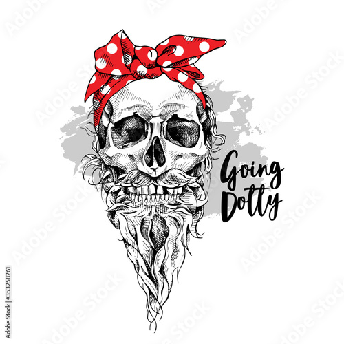 Skull with beard and mustache in a red polka dot headband. Vector illustration.