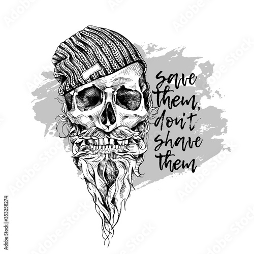 Skull with beard and mustache in a hipster knitted cap. Vector illustration.