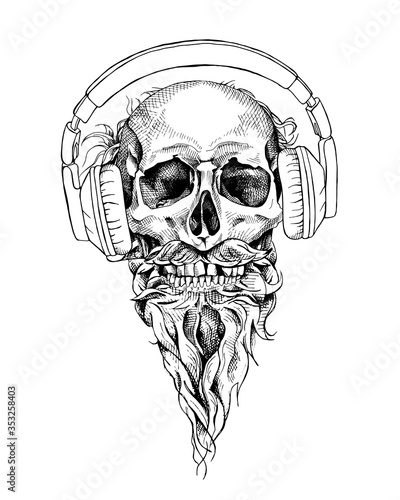 Skull with beard and mustache in a headphones. Vector illustration.