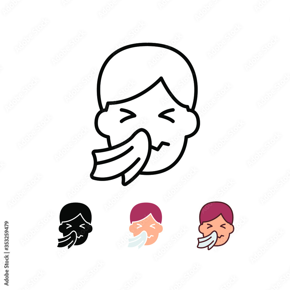 Sneezing etiquette illustration. Cover your mouth and nose with handkerchief or tissue when sneezing or coughing. Sneezing man line icon. Vector illustration. Design on white background. EPS 10.