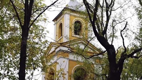 Vertical panorama of the orthodox church in a small village. Video background. Full HD video.