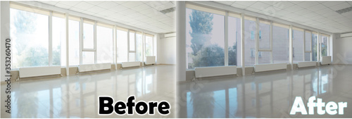 Foto Empty room with windows before and after tinting