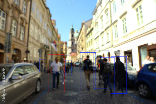 Blurred view of city street with scanner frames on people. Machine learning