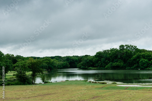Serene waterfront view in Anna, Texas, on an overcast spring afternoon. Anna is a northern suburb of the Dallas Fort-Worth Metroplex. 