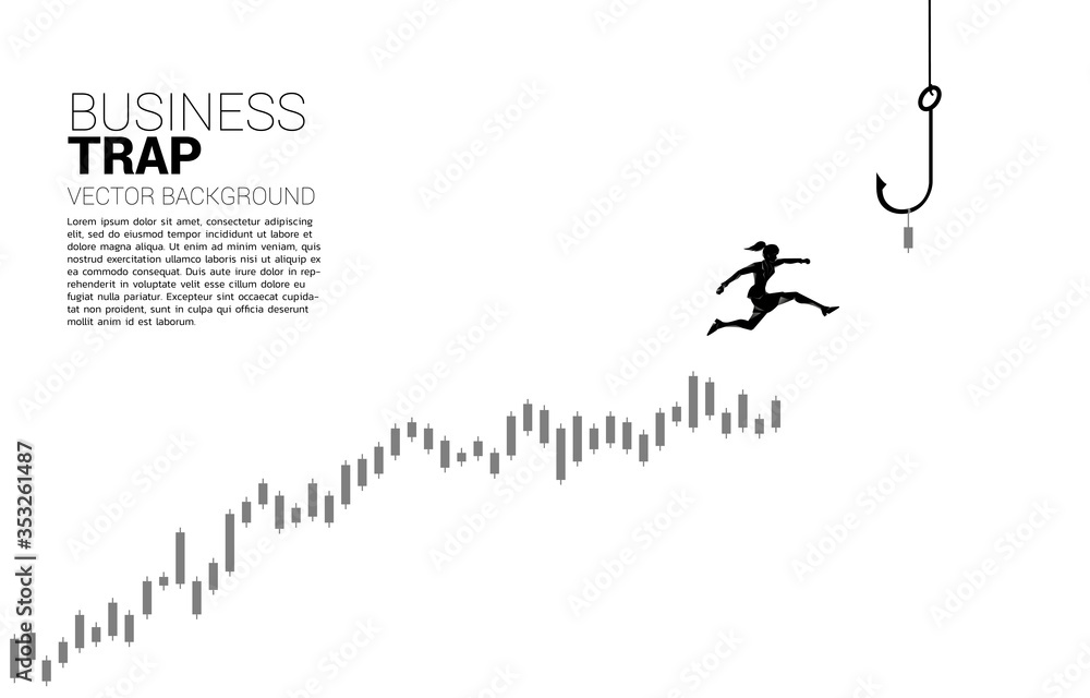 Silhouette of businesswoman jumping higher on candle graph with fishing hook. Concept of bait and hook in business. Silhouette of businesswoman jumping higher on candle graph with fishing hook. Concept of bait and hook in business.