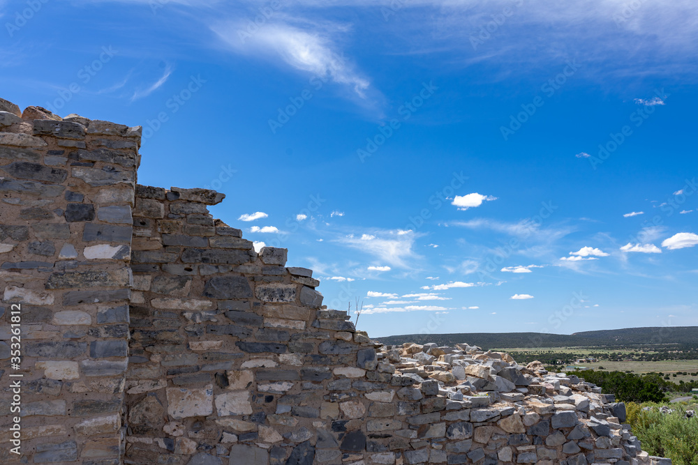 A landscape of Puebloan ruins of what is left of the Salinas Pueblo Missions at the Gran Quivira National Monument in New Mexico. 