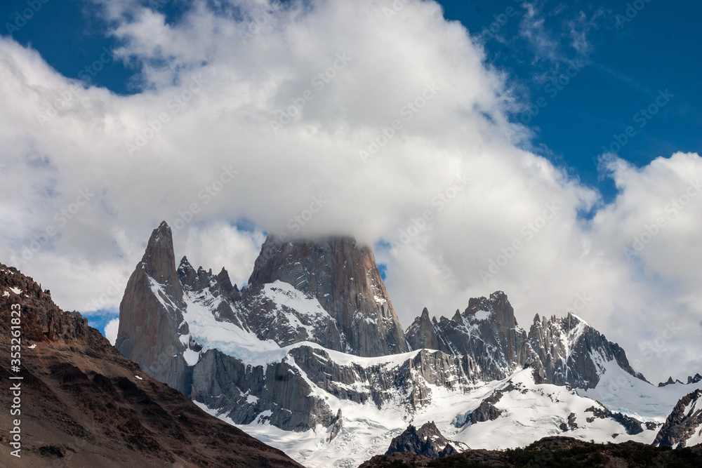 the mountain the peaks and lakes of patagonia argentina, with a sky full of clouds