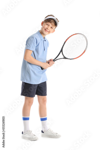 Cute little boy with tennis racket on white background © Pixel-Shot