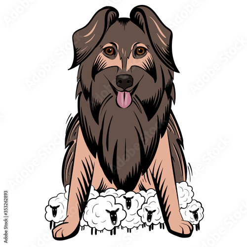 sheep-dog; pet; outdoor; isolated; cute; agriculture; domestic; predator; guard; protect; herd; guardian; sheepdog; pasture; flock; mammal; vector; shepherd; farm; sheep; animal; illustration; dog