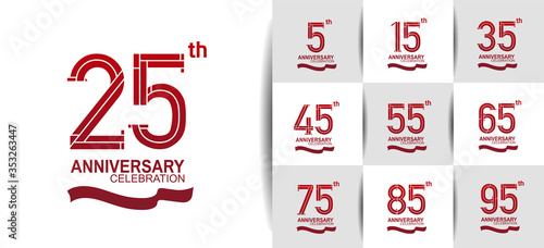 Anniversary logotype set with red color and ribbon. vector design for celebration purpose, greeting, invitation card premium edition.	