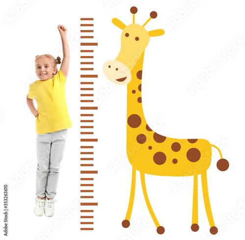 Photography Little girl measuring height and drawing of giraffe on white background