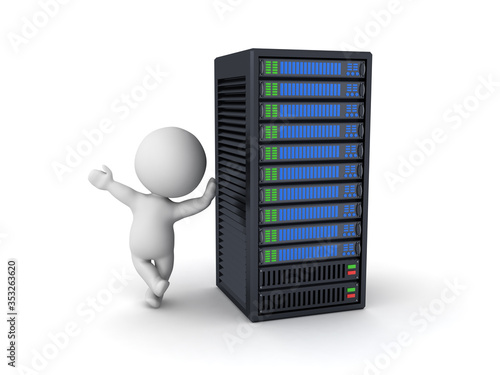 3D Character leaning on server rack