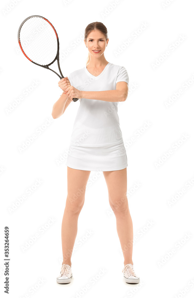Female tennis player on white background