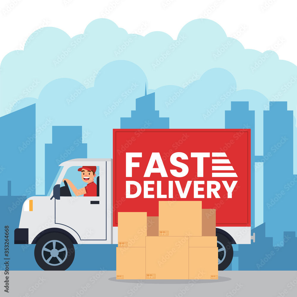 Courier in car smiling vector illustration