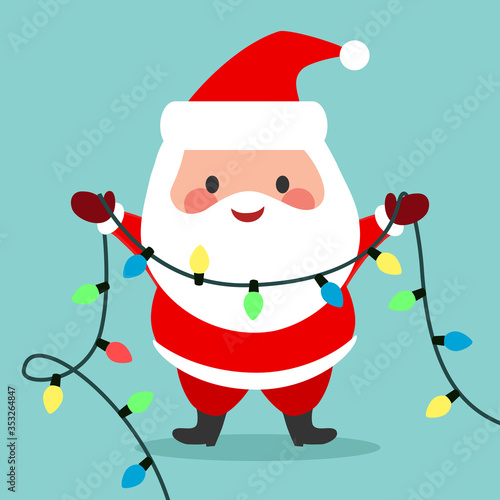 Vector cartoon illustration of cute happy smiling kawaii Santa Claus holding a string light garland decoration with multicolored bulbs. Simple Christmas icon, winter holidays festive design element.