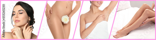 Photos Collage with photos of woman showing smooth skin after epilation