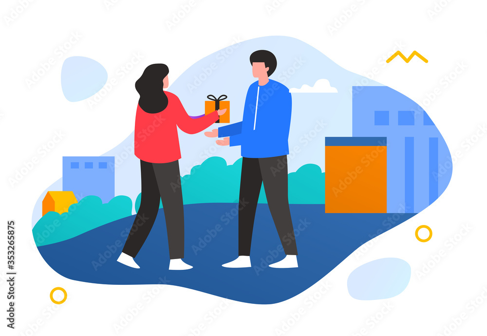 Vector flat illustration couple woman give the gift to man building concept