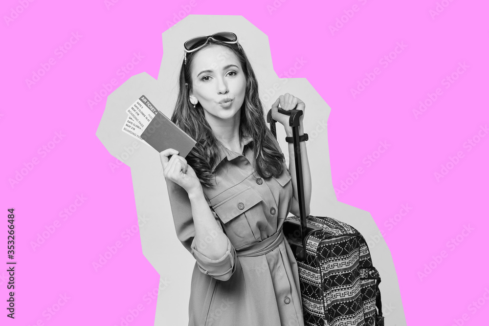 Abstract black and white portrait with a pink outlined traveler girl with luggage Abstract black and white portrait with a pink outlined traveler girl with luggage