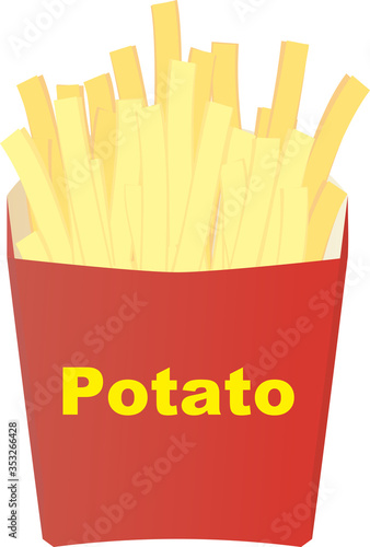 Fried potatoes in the red paper pack on the white background.