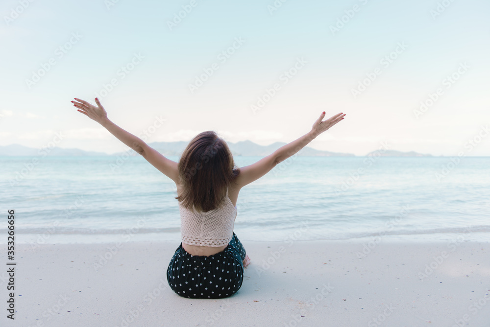 Beautiful young girl flying with seagulls on the sea Beautiful young girl flying with seagulls on the sea